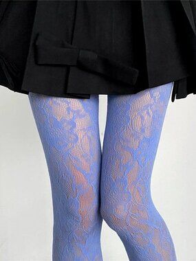 Women's Floral Lace Pattern Flower Mesh Sky Blue Fishnet Tights Pantyhose
